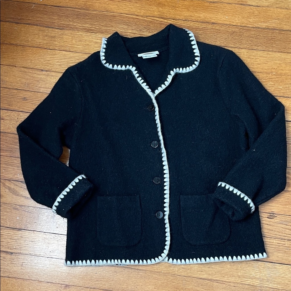 Vintage 90s Talbots Wool Black White Trim S Button Up Grandpa Cardigan Pockets